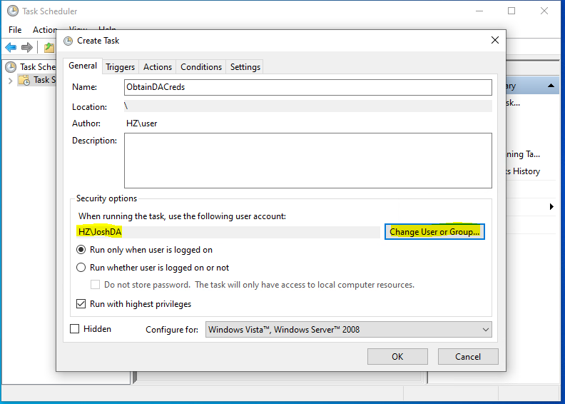 Changing the user which the task will be run by to that of a Domain Admin