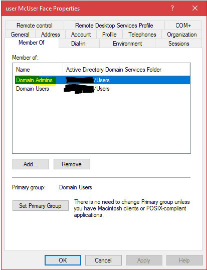 User mcUserFace&rsquo;s security groups after the DA logged into the machine