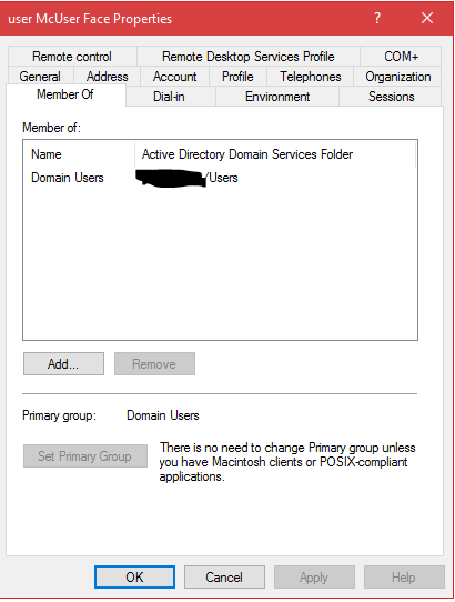 User mcUser Face&rsquo;s security groups before the DA logged into the machine