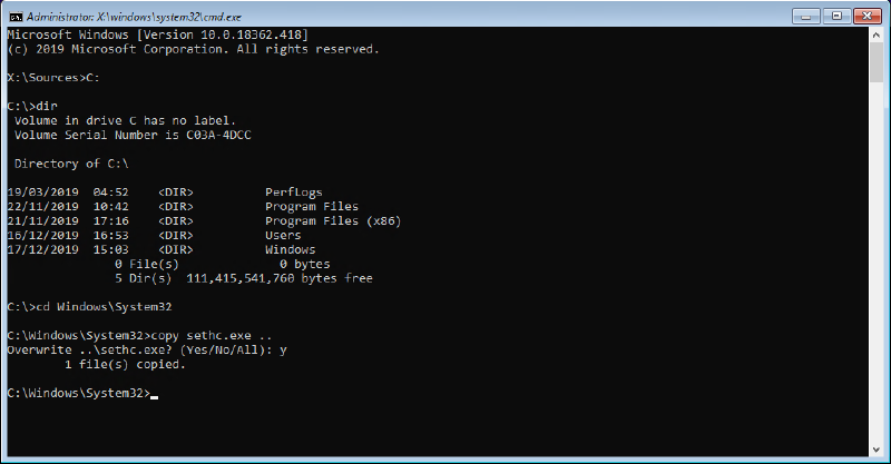Backing up sethc.exe for restoration later