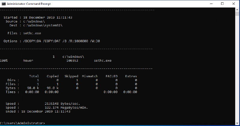 The results from successfully reverting the sethc.exe file back from inside the machine
