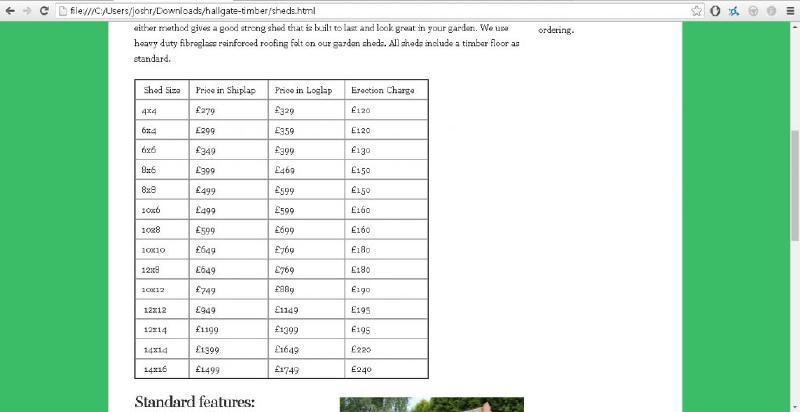 Sheds Page DIV table