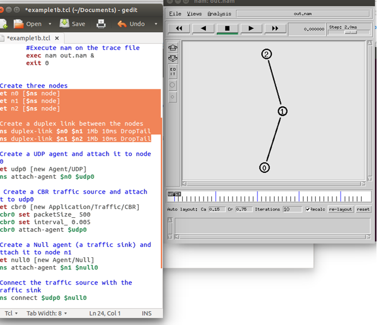 Three nodes connected with source code