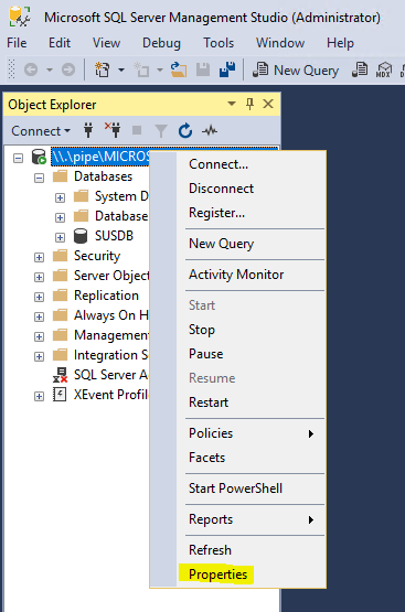 Selecting the properties of the SQL instance