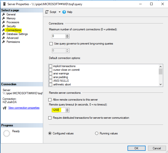 Changing the query timeout