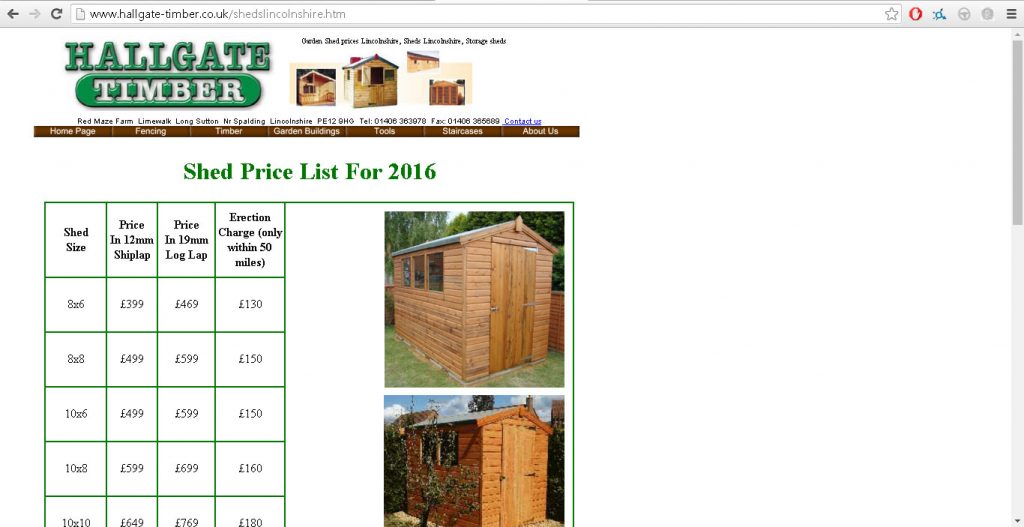 Sheds Page HTML table