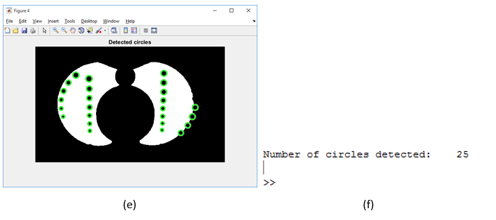 Matlab - (e) shows '4.jpg' with detected circles highlighted (f) shows number of circles highlighted displayed in Matlab console